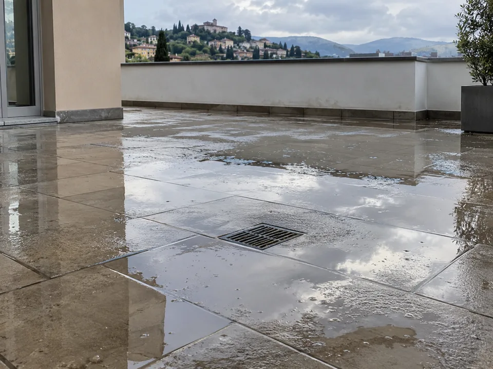 Ristagno d’acqua vicino allo scarico di un terrazzo